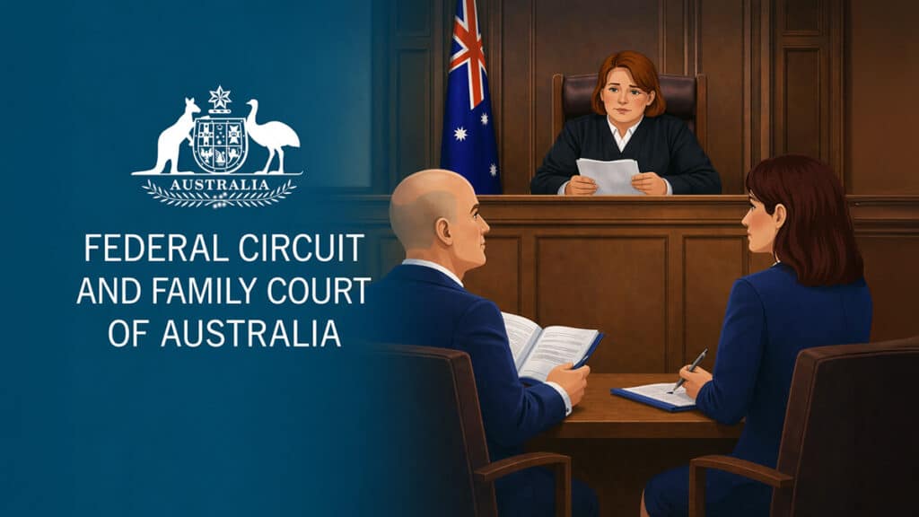Illustration of an Australian family court hearing with a judge presiding over two parties, alongside the Federal Circuit and Family Court of Australia emblem