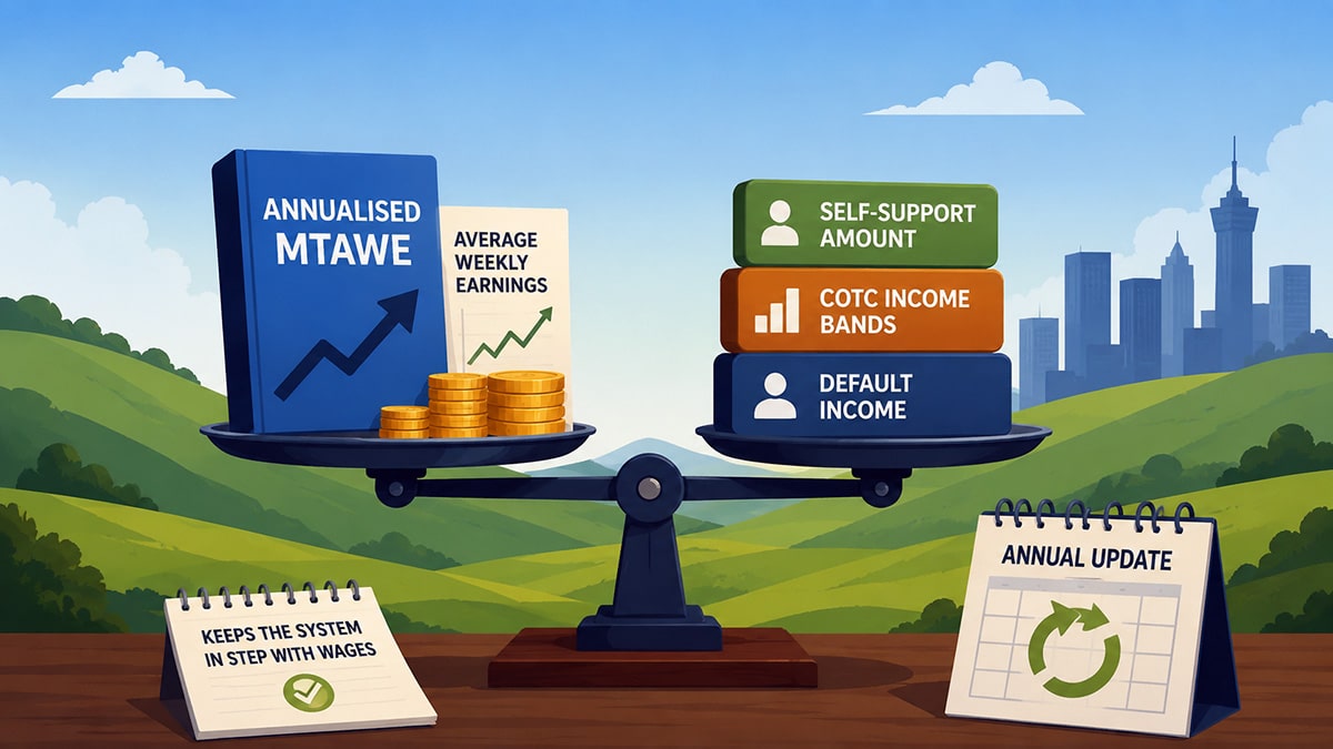 Balanced scales showing annualised MTAWE alongside the self-support amount, child cost income bands and default income.