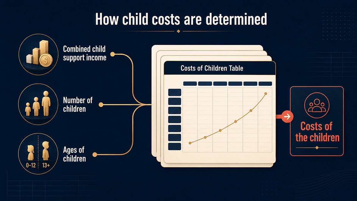 Combined child support income, number and ages of children feed into the Costs of Children Table to determine child costs.