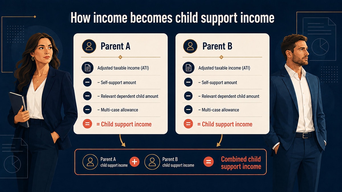Each parent’s adjusted taxable income minus applicable deductions produces their child support income, which is then combined.