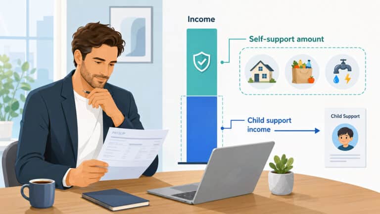Parent reviewing a payslip beside a diagram showing income divided into a protected self-support amount and child support income.