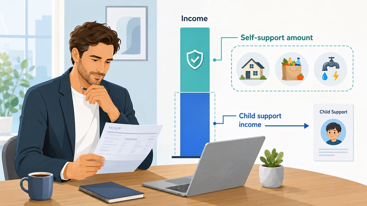 Parent reviewing a payslip beside a diagram showing income divided into a protected self-support amount and child support income.