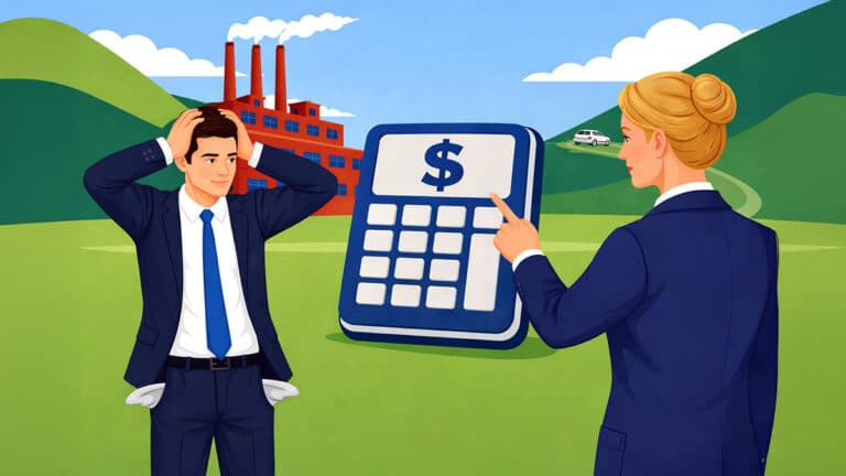 Businessman with empty, drooping pockets looks away while a woman points at a calculator, with a factory and a white car driving up a hill in the background
