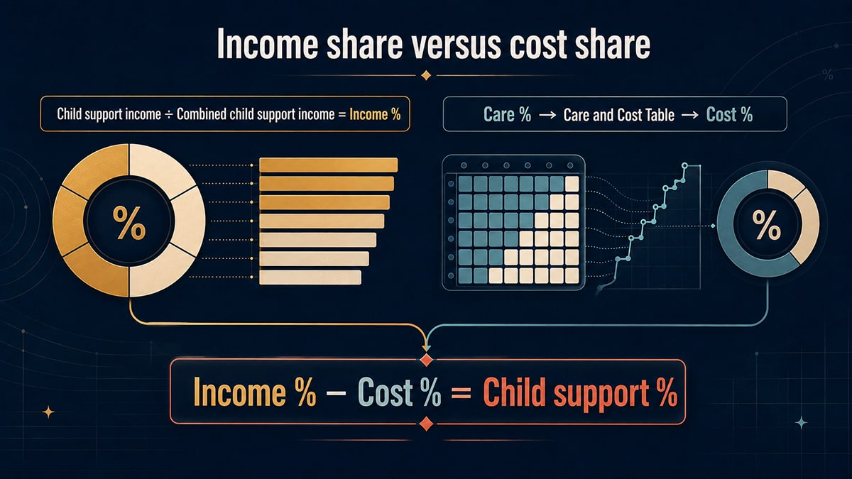 Income percentage and care-based cost percentage are compared to calculate the child support percentage.