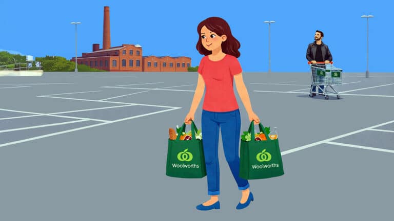 Woman carrying shopping bags with man and trolley in background, illustrating income considered in child support calculations