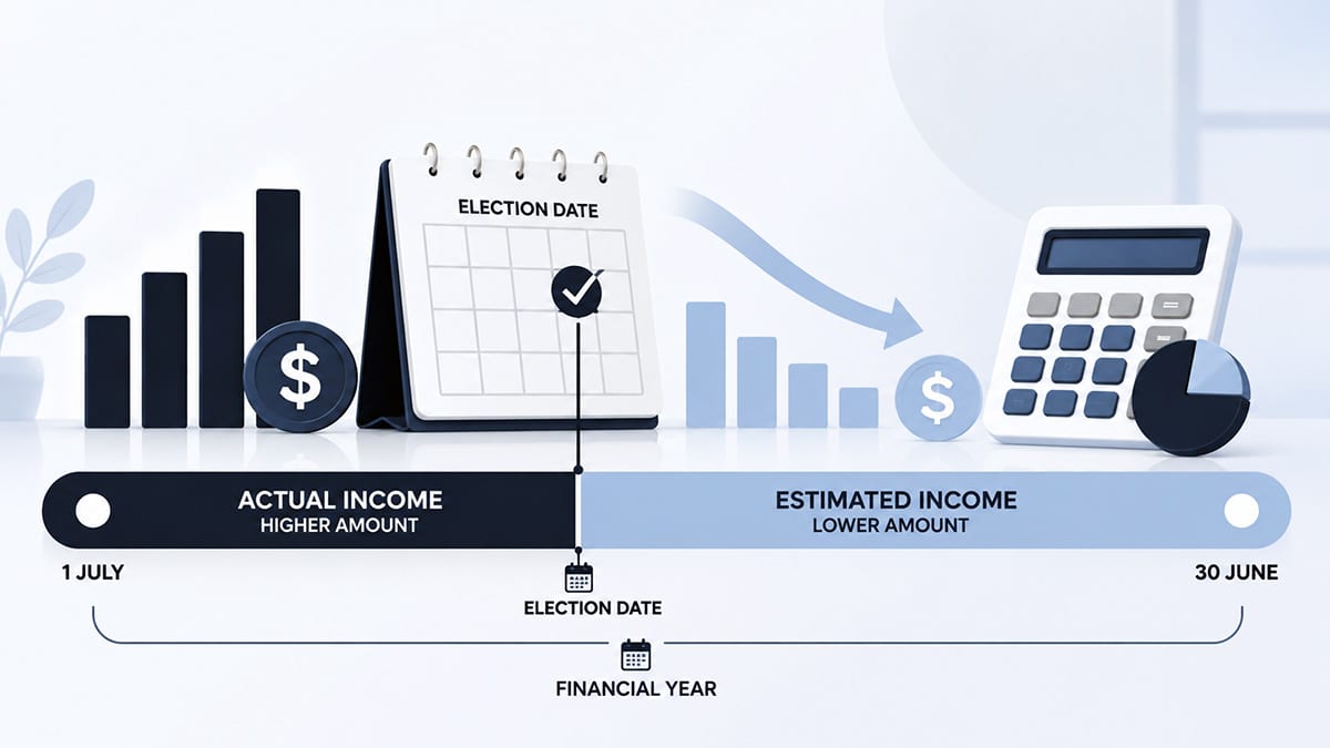 Financial year timeline showing actual income before an election date and lower estimated income from that date to 30 June
