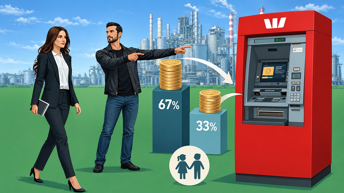 Woman and man beside 67% and 33% income bars and a large ATM, illustrating how relative income affects child support contributions.