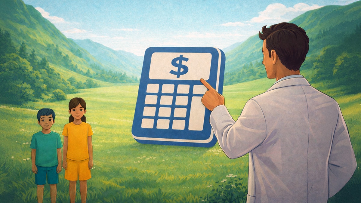 Man pointing at a large calculator while standing with two children in a green valley, illustrating child support calculation