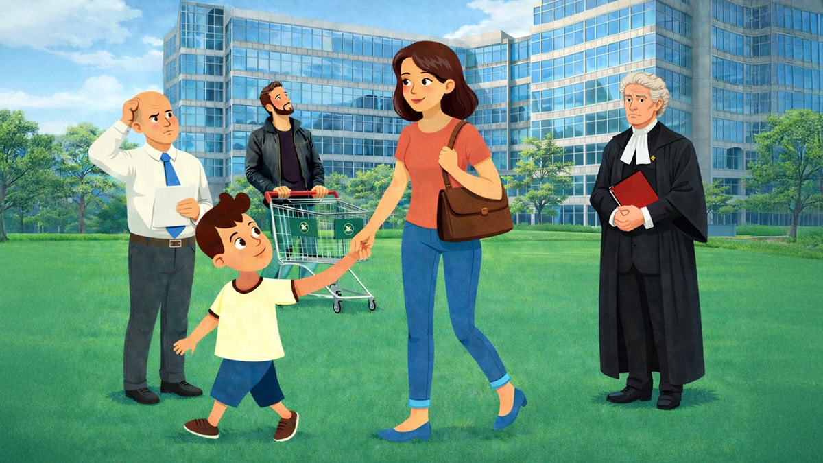 Woman holding a handbag walks with her son past a barrister and other adults in a city setting, illustrating parenting and legal context