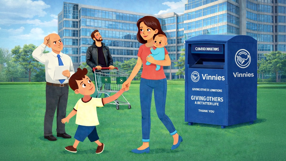 Mother holding a baby and walking with her son past a Vinnies clothing donation bin while official looks on in a city park setting