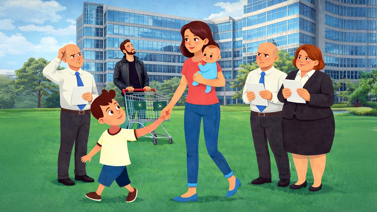 Mother holding baby and walking with child while officials review documents in a park setting, with a large office building in the background