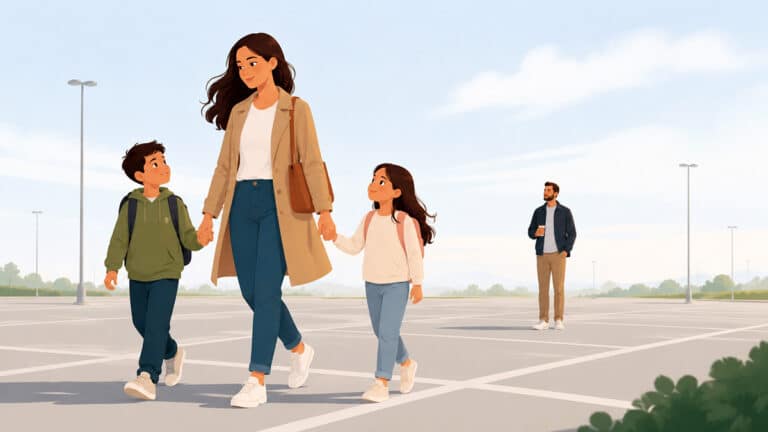 Parent walking with two children while the other parent stands at a distance, illustrating above primary care.