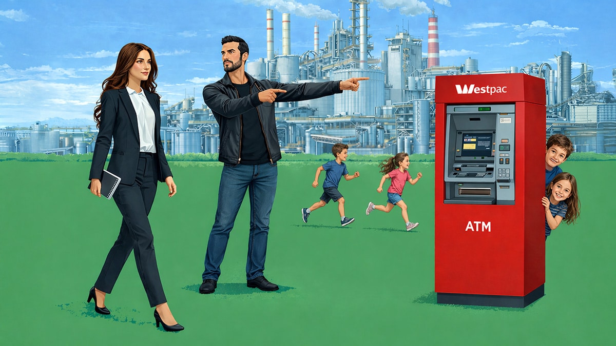 Man and woman standing near a red ATM while children peek from behind it and run across a grassy field with an industrial background