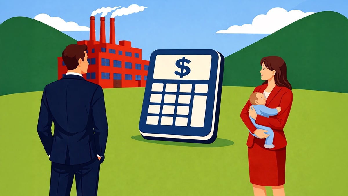 Father looking at a large calculator while a mother in red business attire holds a baby, illustrating combined child support income and shared financial responsibility