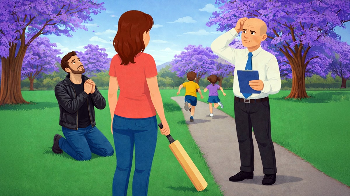 Illustration of separated parents in a park, with one man kneeling and pleading, a woman holding a cricket bat, and another man reviewing a child support case while children run in the background