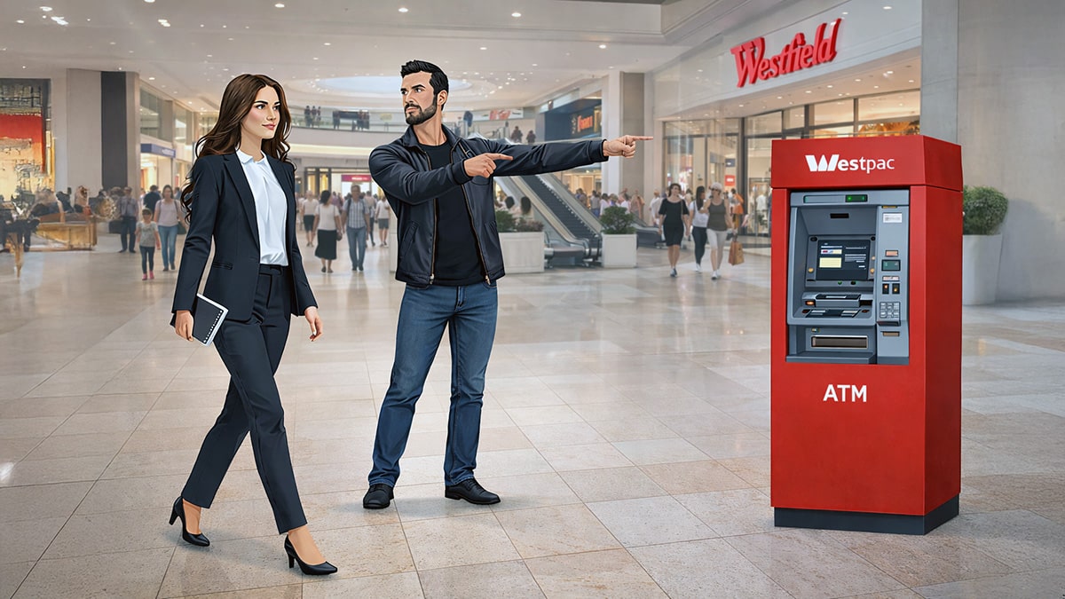 A man and woman stand inside a busy shopping centre near a Westpac ATM, with the man pointing toward the machine as they discuss child support payments.