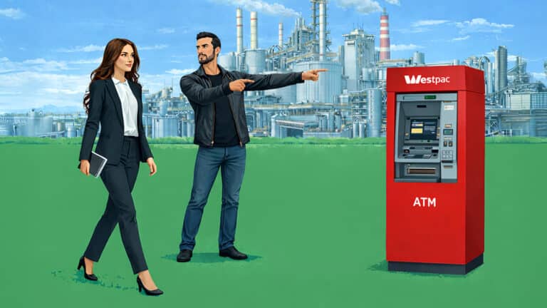 Father near mother pointing toward a Westpac ATM, illustrating financial responsibility and payment decisions in a child support context