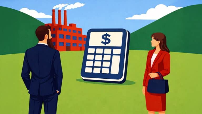 Man with a long beard and woman holding a handbag face a large child support calculator in an outdoor setting with a factory in the background