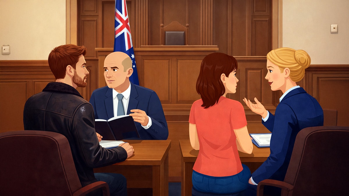 Separated parents sitting in a courtroom, each speaking with their own lawyer about a child support agreement while facing opposite directions