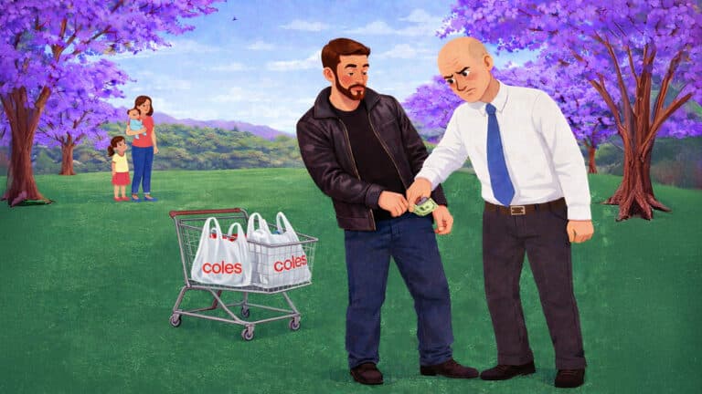 Man handing cash to an official in a park while a Coles trolley with grocery bags sits nearby and a mother with two children stands in the distance