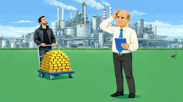 Man pushing trolley of gold bars near factory while another reviews finances, illustrating financial capacity beyond income in child support