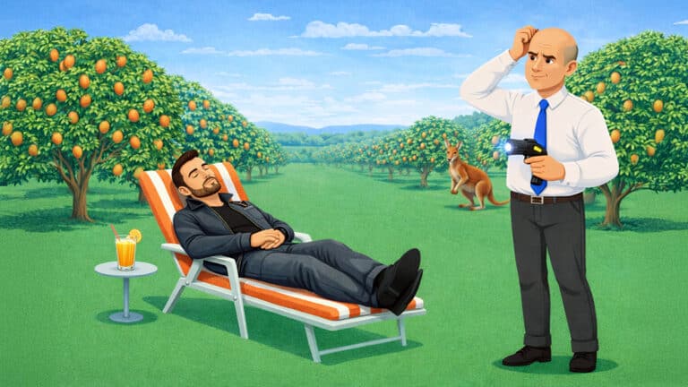 Man resting on a sunbed with drink while a child support case officer looks on holding a stun gun, with a small kangaroo in the background, illustrating reduced work and earning capacity in child support