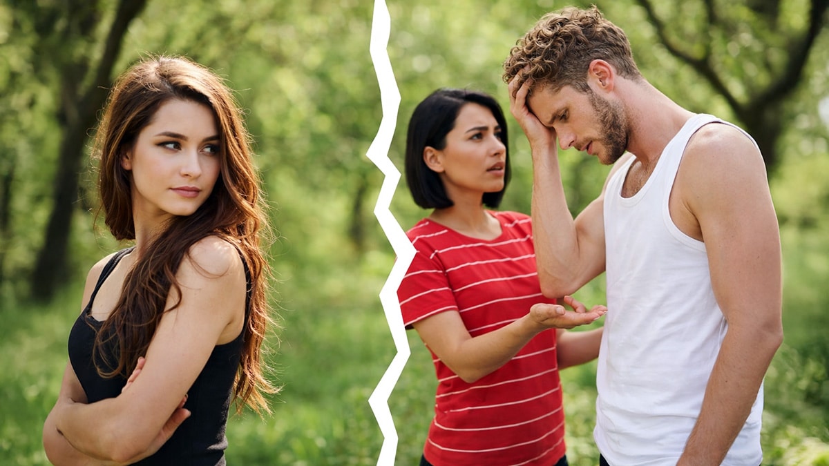 Man and woman in tense conversation while another woman stands apart, illustrating separation and child support conflict