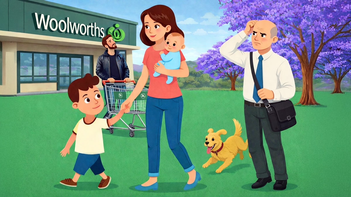 Illustration of a mother walking with her children outside a Woolworths, a concerned man with a shoulder bag nearby, and another man with a shopping trolley while a dog runs past