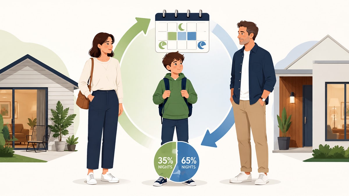 Child standing between two parents and two homes, with a calendar and circular arrows representing shared care of 35% to 65% of nights