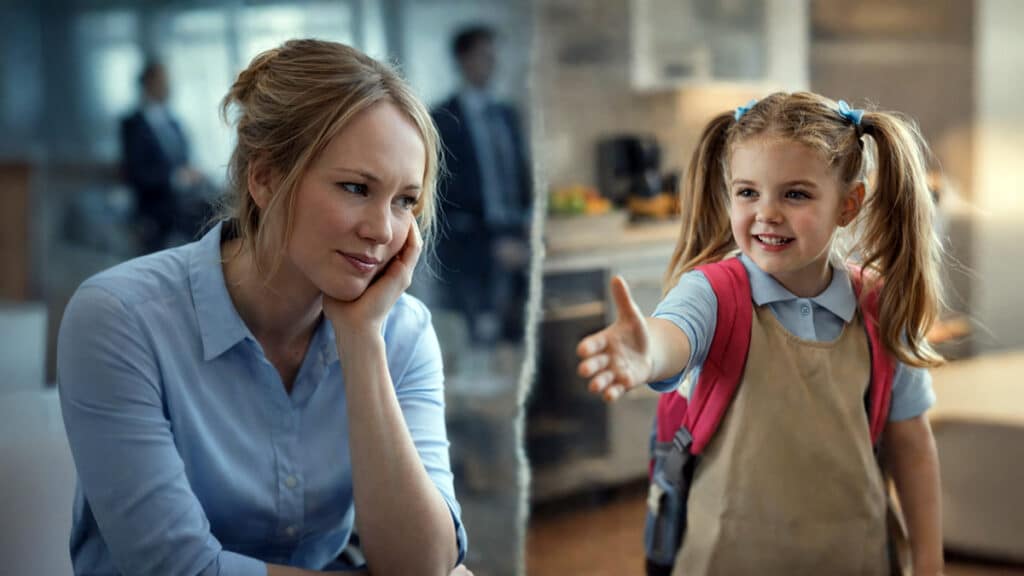 Stressed woman in a work setting separated from smiling young girl reaching out, illustrating tension between career demands and family presence