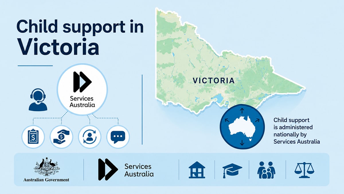 infographic showing Victoria on a map of Australia with Services Australia logos and icons representing child support assessments, payments, enquiries, and government services.
