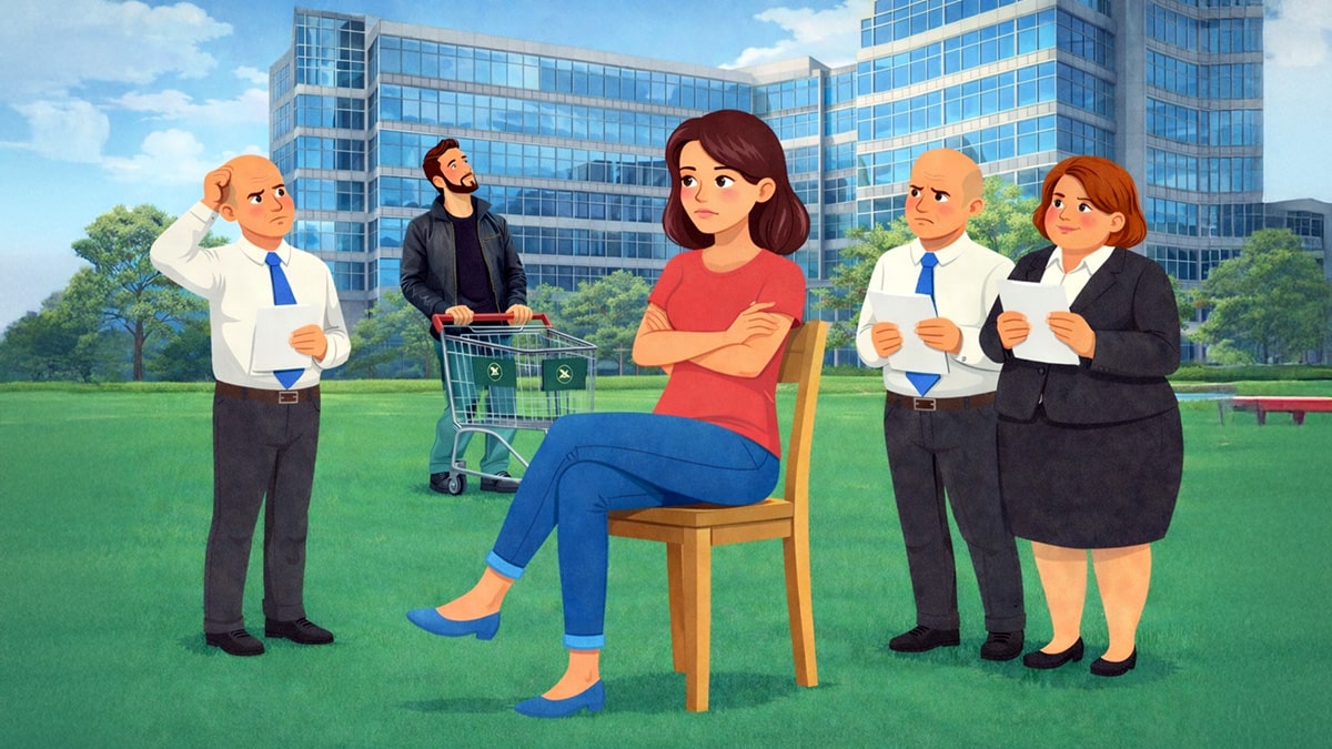 Woman seated on a wooden chair with arms folded while officials stand nearby holding documents outside office buildings