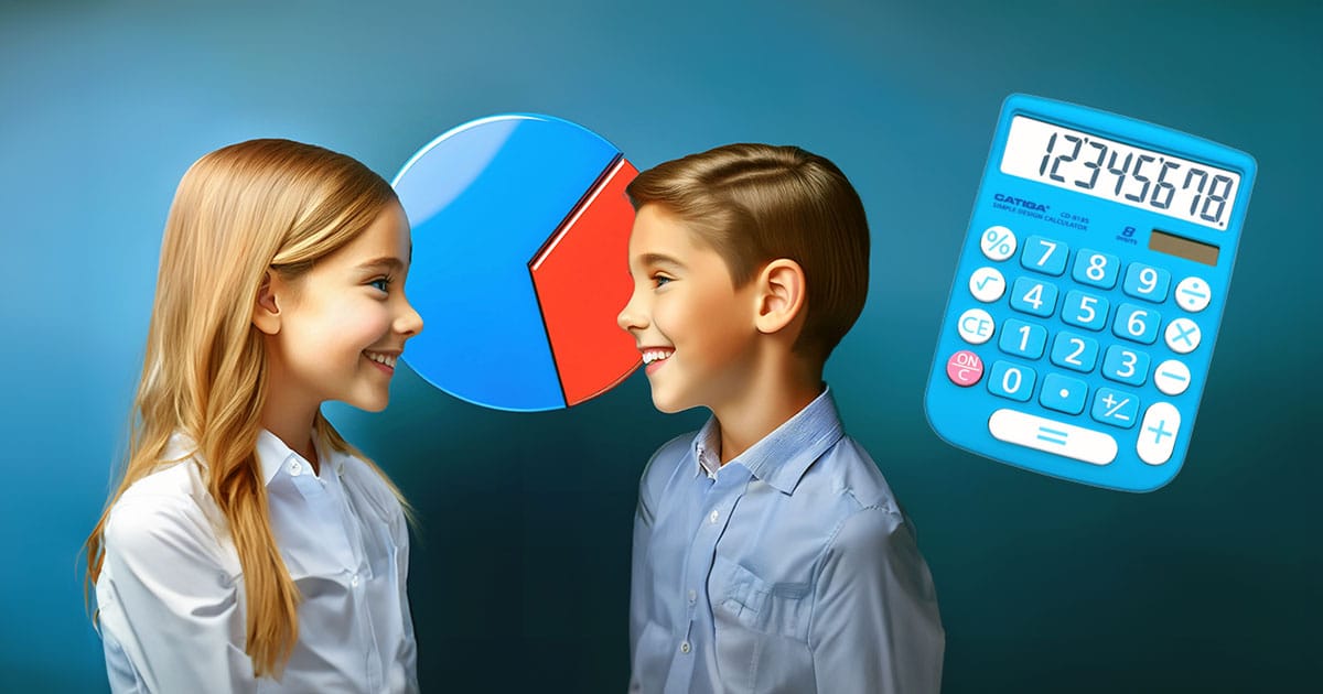 Boy and girl with piechart and calculator