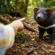 Child pointing at Tasmanian devil