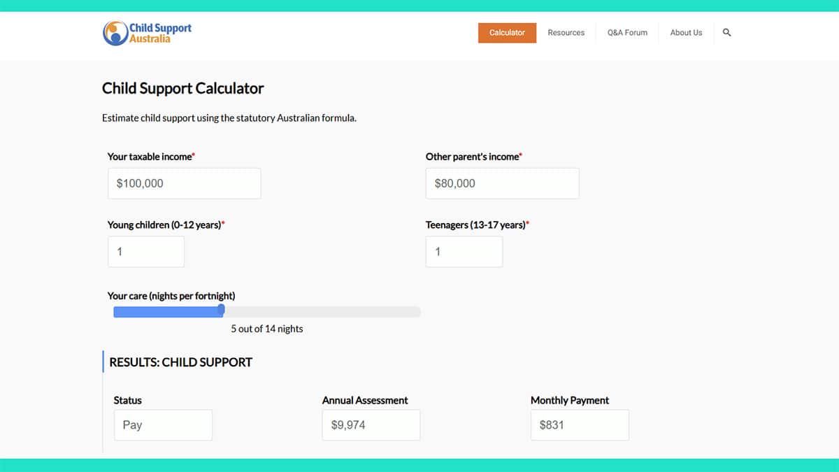 Child Support Australia child support calculator screenshot 2026-01-28