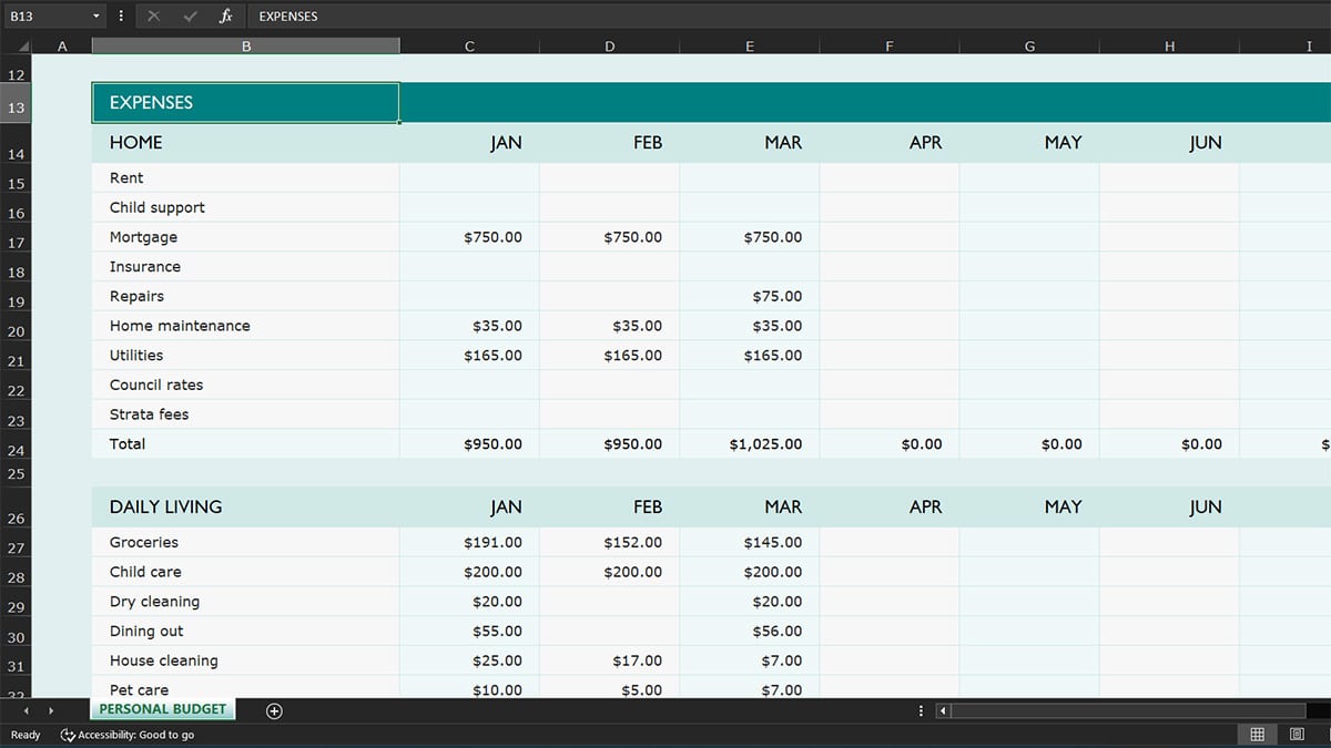 Excel budget template expense categories including home and daily living