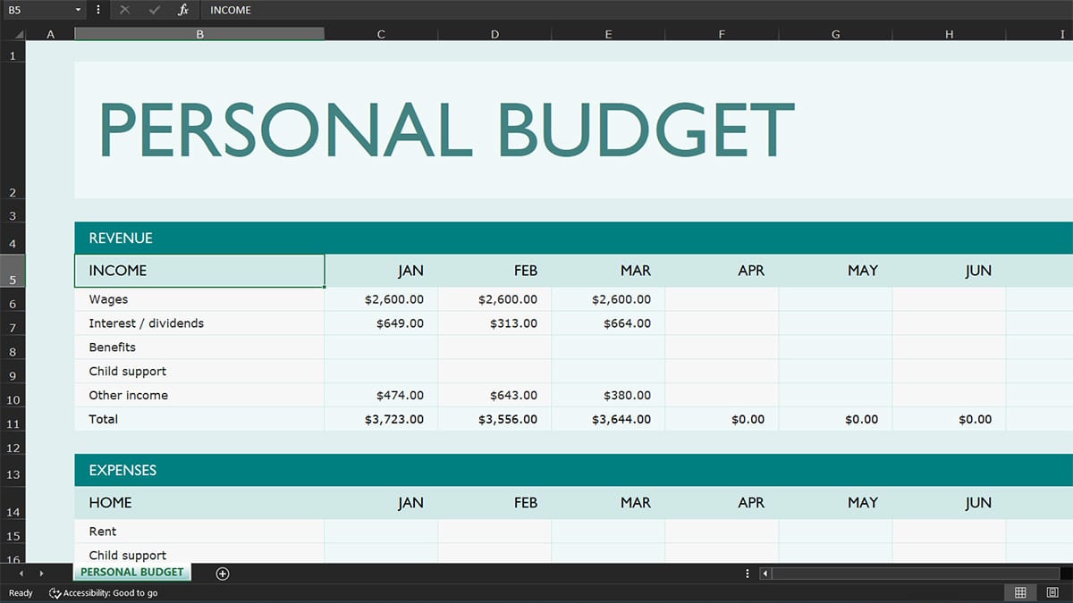 Excel budget template overview with income and monthly columns