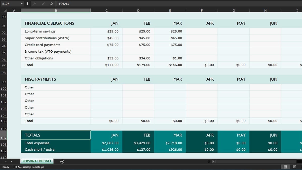 Excel budget totals showing expenses and cash surplus or shortfall