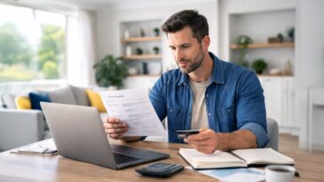 Man paying child support using laptop