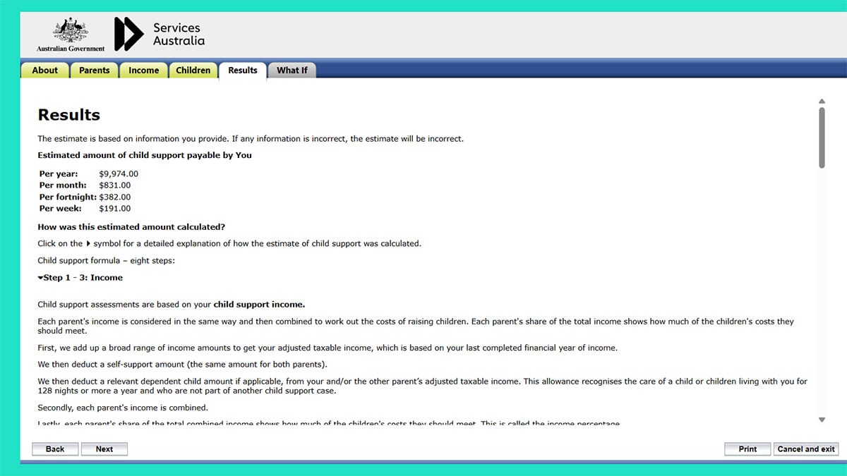 Services Australia child support calculator screenshot 2026-01-28