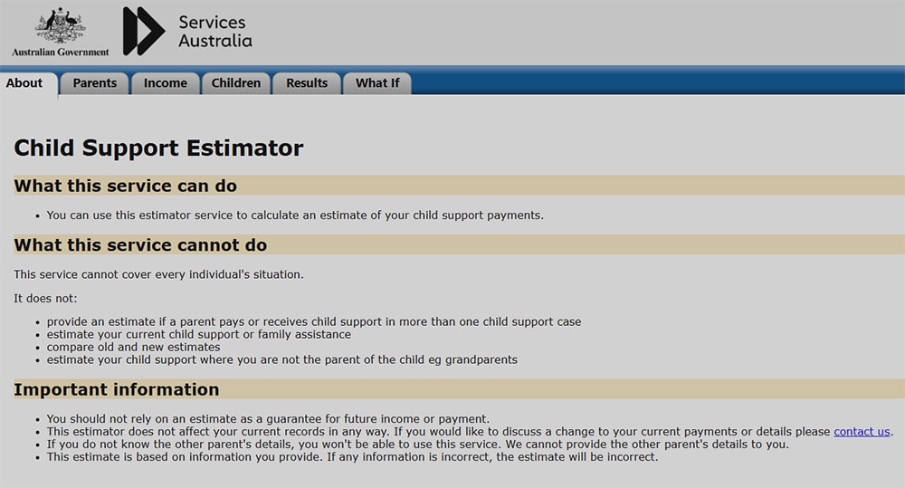 Services Australia child support calculator front page