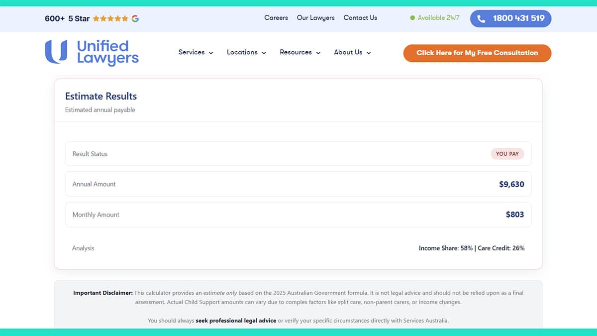 Unified Lawyers child support calculator screenshot 2026-01-28